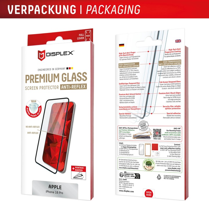 Image du produit Displex Premium Glass, Full Cover Anti-Reflex Panzerglas (1 pièce(s), Apple iPhone 16 Pro)