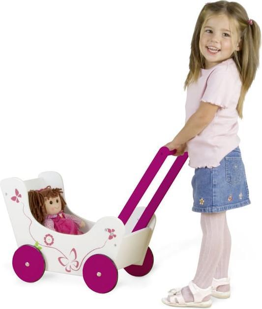 Besttoy Wooden doll's pram with butterfly motif