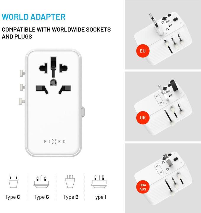 Actual product image Fixed Voyager World Adapter, 4xUSB-C/1xUSB, GaN, 85W, white