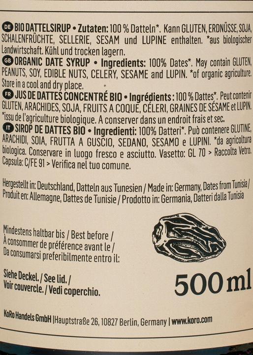 Valori nutrizionali e ingredienti KoRo Bio Dattelsirup