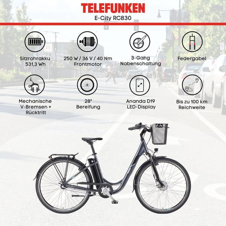 Produktbild Telefunken Multitalent RC830, City E-Bike, Motor power 250 W, Wheel size 28 ", Warranty 24 month(s), Anthracite (48 cm)