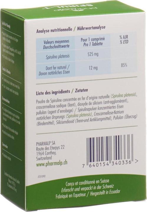 Nährwerte und Zutaten Pharmalp Spirul 1 (90 Stück, Tabletten, 84 g)