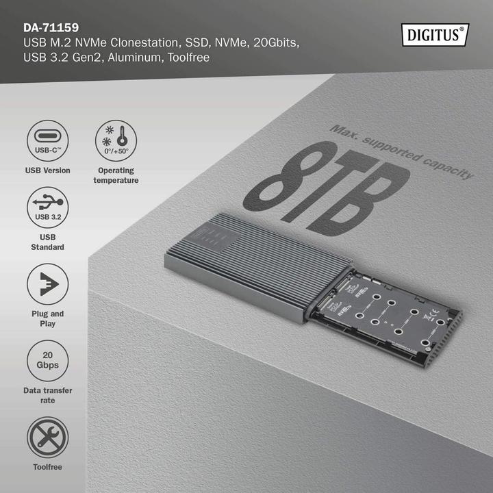 Produktbild Digitus USB M.2 NVMe Clonestation, SSD, NVMe, 20Gbits, USB 3.2 Gen2, Aluminium, toolfree (M.2 2230, M.2 2242, M.2 2260, M.2 2280)