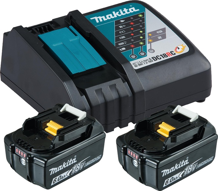 2x Makita BL1860B 6.0 Ah battery (197422-4), 1x Makita DC18RC charger (195584-2)