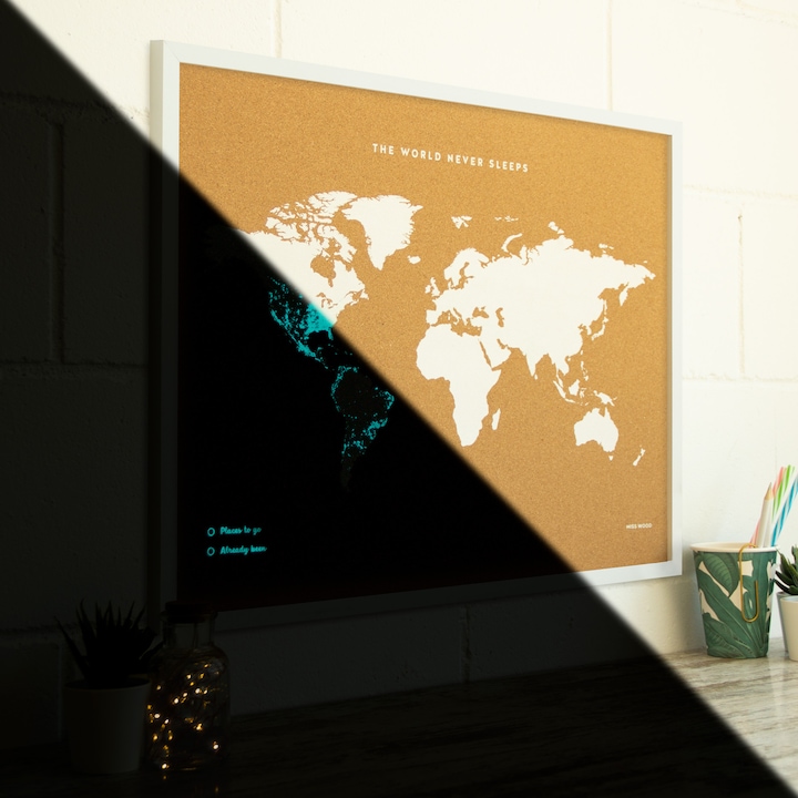 Actual product image Miss wood Woody Map Fluor Edition - L - White Frame (Bulletin board, World map, 60 x 45 cm)