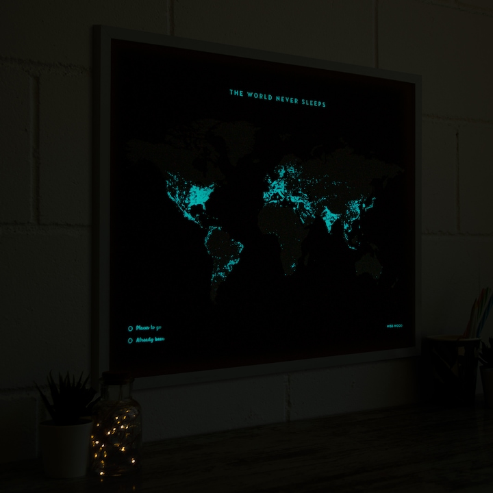 Actual product image Miss wood Woody Map Fluor Edition - L - White Frame (Bulletin board, World map, 60 x 45 cm)