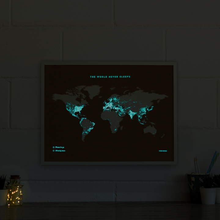 Actual product image Miss wood Woody Map Fluor Edition - L - White Frame (Bulletin board, World map, 60 x 45 cm)