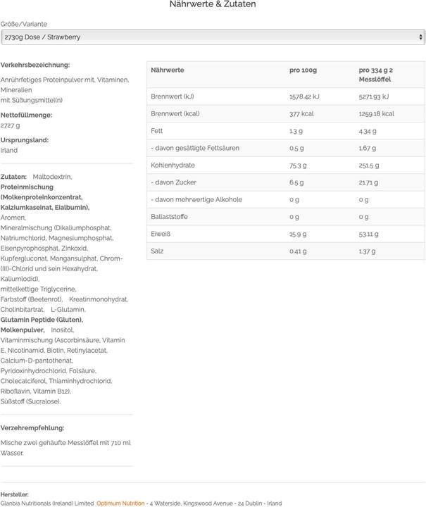 Nährwerte und Zutaten Optimum Nutrition Serious Mass (Erdbeere, 1 x, 2722 g)