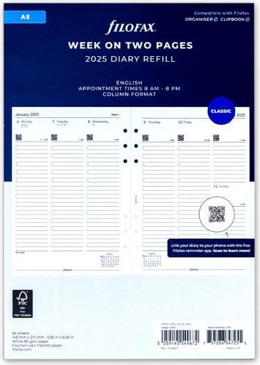 Filofax Agendainhalt A5 2025 A5 A5 KAL.INHALT 25 mehrsprachig (A5, 1 Tag / 1 Seite)