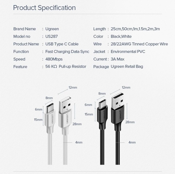 Actual product image Ugreen USB-C to USB-A 2.0 Cable (0.50 m, USB 3.2 Gen 1)