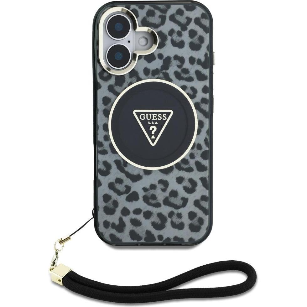 Thumbnail - Guess HC IML Leopard Triangle Cord Strap MagSafe case for iPhone 16 - black, Tastenhandy