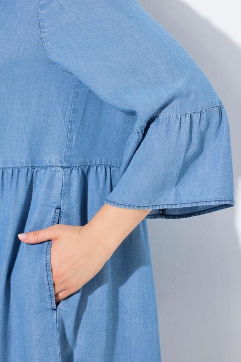 Immagine prodotto Ulla Popken Abito di jeans dal taglio svasato con scollo a tunica e maniche a 3/4 con volant (54)