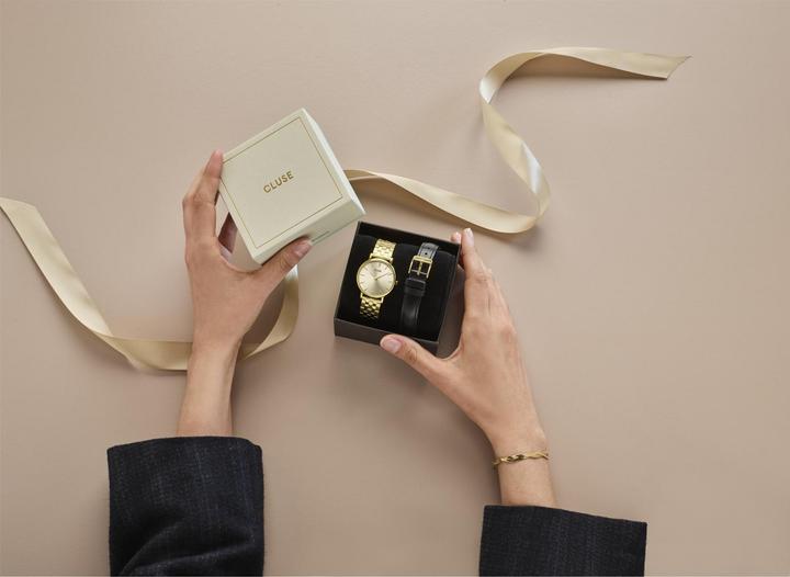 Actual product image Cluse Pavane Petite 2.0 Steel Watch Gold & Black Leather Strap, Gold Colour (Analogue wristwatch, 33 mm)