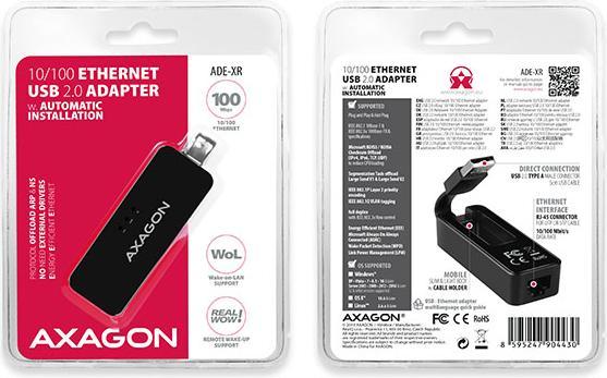 Actual product image Axagon ADE-XR Fast Ethernet 10/100 Adapter - USB 2.0 Type A (USB 2.0, RJ45 (1x))