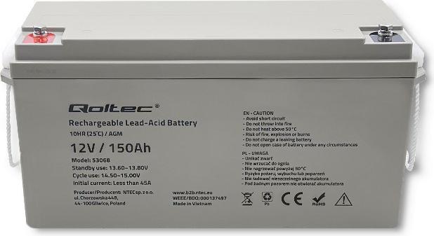 Image du produit Qoltec Batterie AGM | 12V | 150Ah | max. 2250A (12 V, 150 Ah)