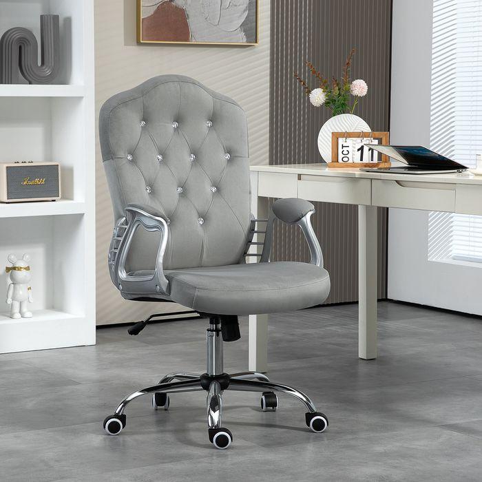 Image du produit Swisshandel24 Chaise de bureau à bascule, ergonomique, avec boutons en cristal, aspect velours, jusqu'à 120 kg (47 - 57 cm)