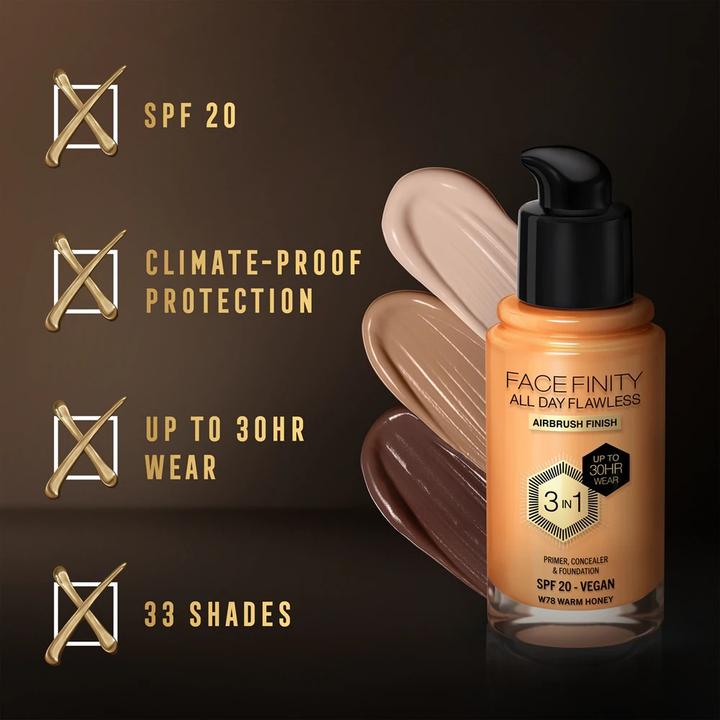 Immagine prodotto Max Factor Facefinity Fondotinta All Day Flawless 3 In 1 W78-Warm Honey 30ml (W78 Miele caldo)