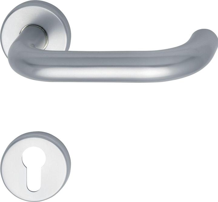 Grundmann FH-Drückergtarniur GEOS 1754/D6K auf Rosette PZ,TS wahlweise,VK 9, silber elox. (Türgarnitur)