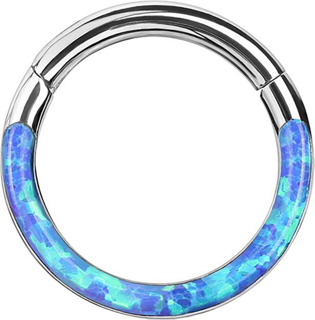 Actual product image Star Piercing Segment ring hinged silver front opal stripe blue (without brass, Surgical steel 316L)