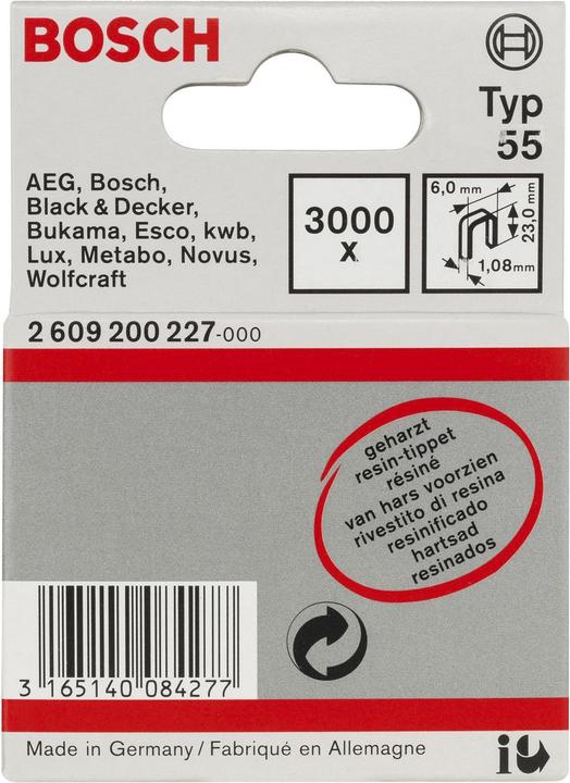 Produktbild Bosch Professional Zubehör Schmalrückenklammer Typ 55, geharzt 6 x 1,08 x 23 mm, 3000er-Pack