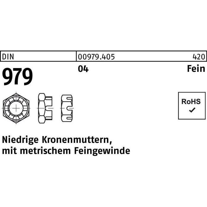 Muttern + Unterlegscheiben, Kronenmutter DIN 979 niedrig M 16 x1,5 Automatenstahl