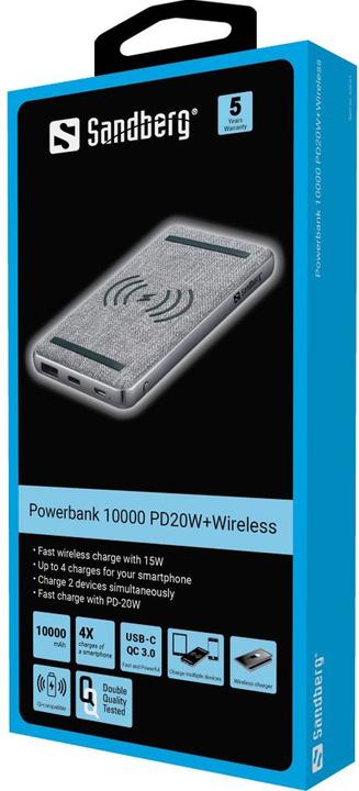 Produktbild Sandberg 10000 PD20W+Wireless (10000 mAh, 20 W, 37 Wh)