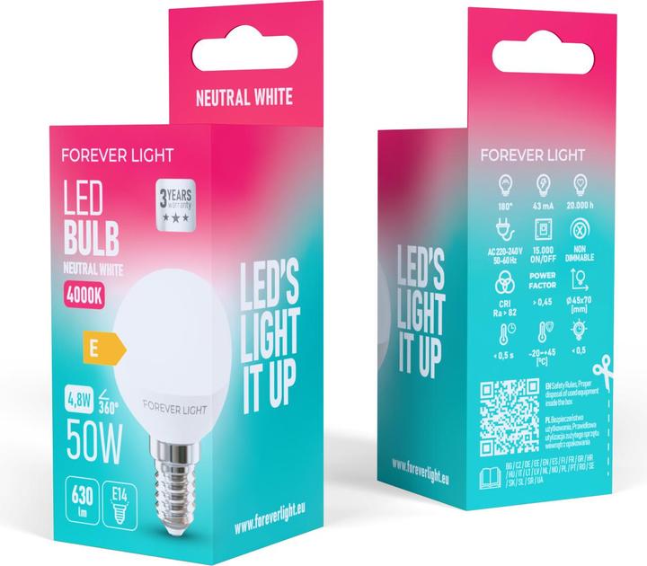 Actual product image Forever Light LED Bulb E14 G45 4.8W 630lm 4000K class E (E14, 630 lm, 100x)