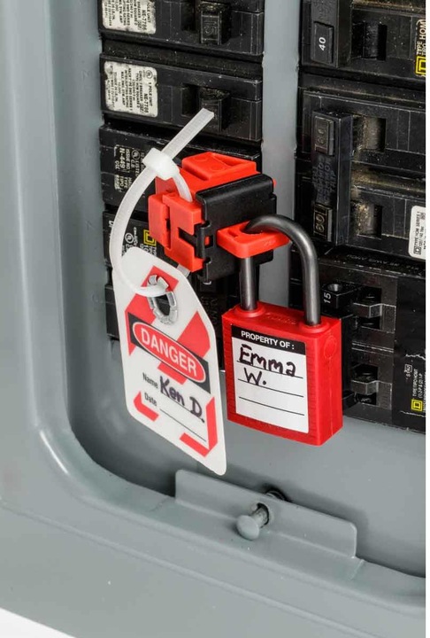 Actual product image Brady TagLock circuit breaker interlock: 120/277V clamp interlock, polypropylene fiberglass reinforced