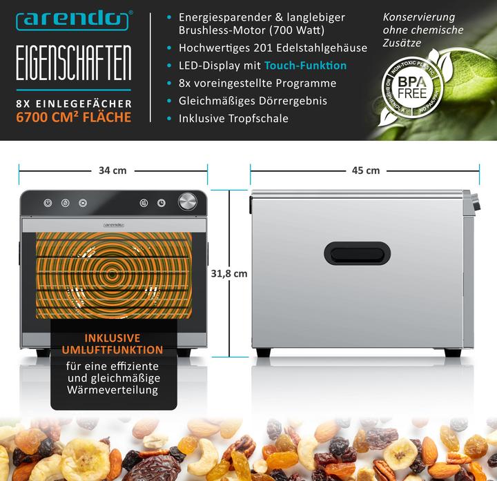 Produktbild Arendo Dörrautomat geeignet für Obst, fisch, Fleisch, Temperaturregler von 30°-85°C, 700 W, 8 Etagen, Timer