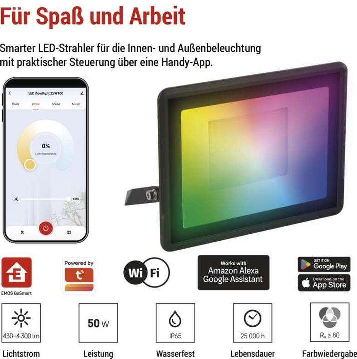 Actual product image Emos GOSMART LED Strahler 50W, 4300lm, RGB+CCT,IP65 (4300 lm)