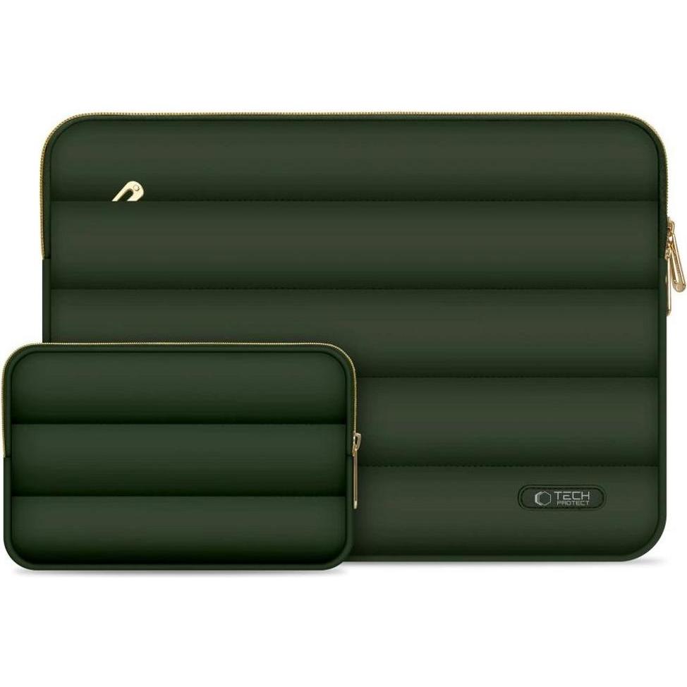 Tech-Protect Puffy Laptop Sleeve 15-16" with accessory pouch - Olive (16"), Notebooktasche, Grün