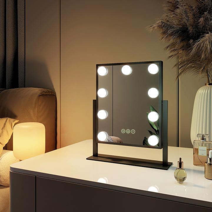 Actual product image Emke Hollywood Cosmetic Mirror with 9 Lamps, 1X+7X Magnification, 3 Colour Temperatures, 30*36cm, Black