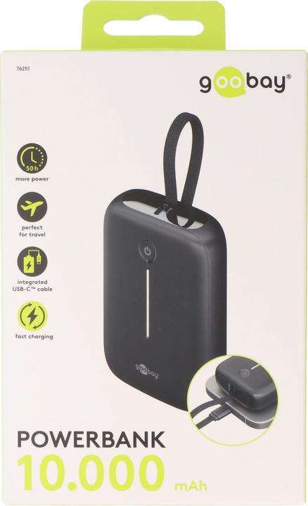 Actual product image Goobay Powerbank 10.000 mAh mit integriertem USB-C-Kabel (10000 mAh, 15 W, 37 Wh)
