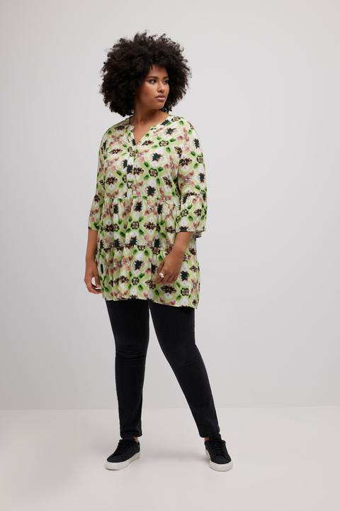 Actual product image Ulla Popken Lattice Floral Print Ruffle Detail Tunic Blouse (42, 44)