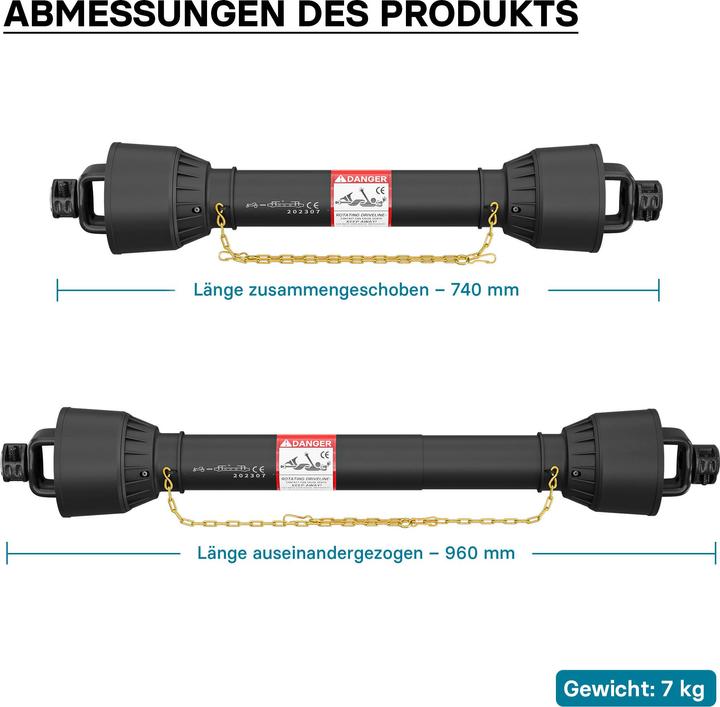 Actual product image Wiltec PTO Shaft T2 Drive Shaft 740-960mm 270Nm 540rpm 23kW (31hp), 2x 1 3/8" 6 teeth Tractor Attachme (Tractor accessories)