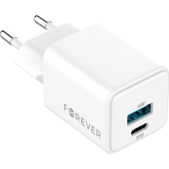 Forever TC-08-30AC GaN PD QC charger 1x USB-C 1x USB 30W white (30 W), USB Ladegerät, Weiss