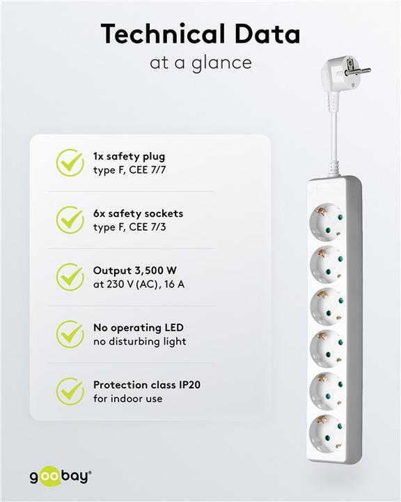Actual product image Goobay Power strip 6-way, 5 m, white (6 x, CEE 7/7, 5 m)