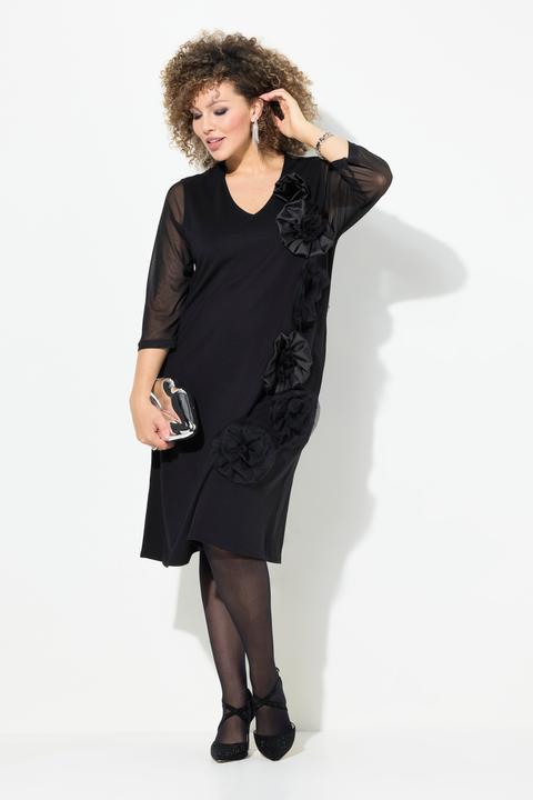 Produktbild Ulla Popken Jerseykleid, 3D-Blüten, V-Ausschnitt, 3/4-Arm, Taschen (46, 48)