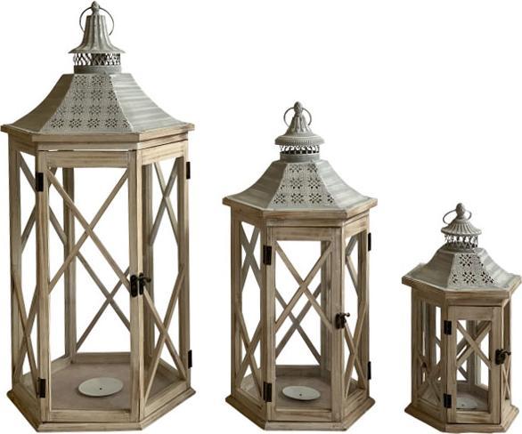 Produktbild GuGus Laterne 3er Set 6-eckig FSC aus Holz mit grau washed Metalldach Farbe: Braun (3 x)