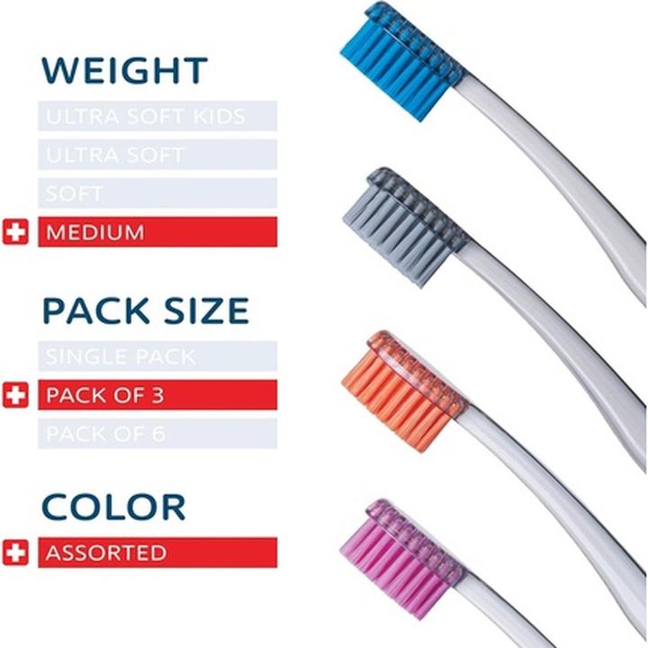 Actual product image Tello 3940 Adult Medium Swiss Toothbrush for Gentle Cleaning with Ergonomic Handle 3 Count - Pack of (Medium, 3 x)