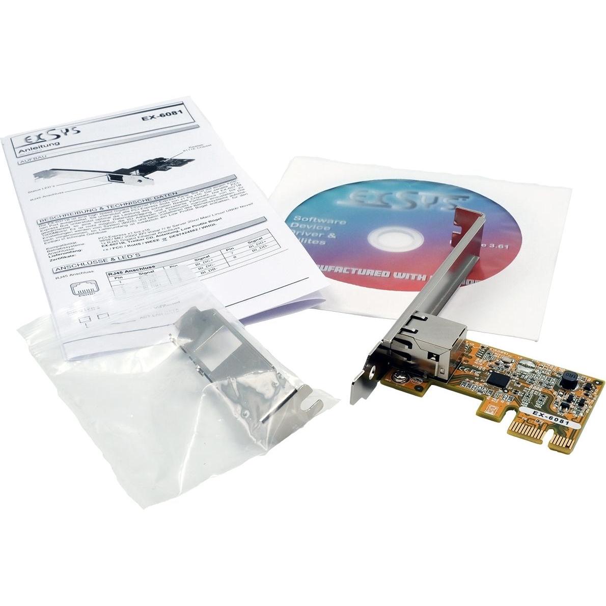 Thumbnail - Exsys PCI-EXPRESS Ehternet Karte 1 Port inkl.LowProfileBügel,RealtekChipsatz (PCI-E x1), Netzwerkkarte
