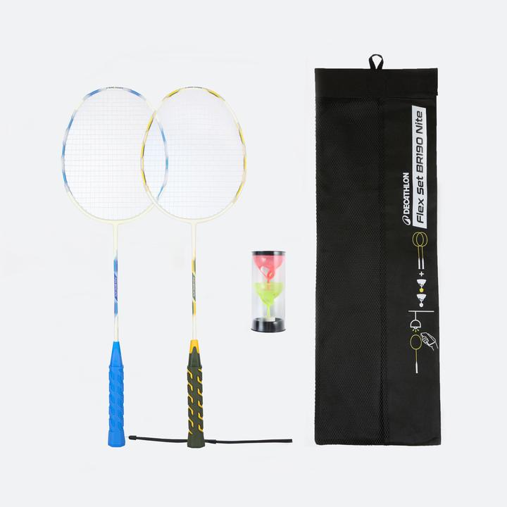 Produktbild Perfly Badminton-Schlägerset Erwachsene leuchtend - BR190 Flex Set Nite blau/gelb