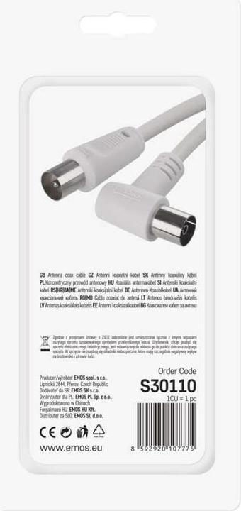 Image du produit Emos Câble coaxial d'antenne, blindé 1,25m - fiche coudée (Câble d'antenne)