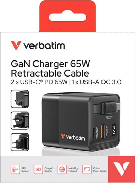 Actual product image Verbatim GaN Charger Retractable Cable (65 W)