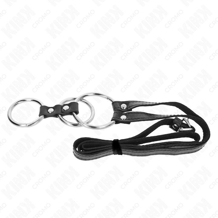 Actual product image Kink Triple Metal Penis Ring 3,8 cm To 5 cm With Leather Straps 112 cm (3.80 cm)