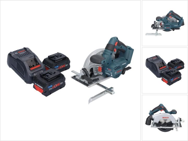 1x Bosch GKS 18V-57-2 Professional cordless portable circular saw, 1x circular saw blade, 1x rip fence, 2x Bosch GBA ProCORE 18 V 8.0 Ah Professional Li-Ion slide-in battery, 1x Bosch GAL 1880 CV quick charger