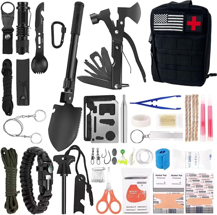 Hermex 103-teiliges Survival-Kit Outdoor-Survival-Rucksack Survival-Tools SOS-Erste-Hilfe-Kit