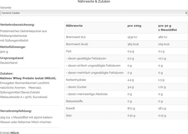 Valeurs nutritives et ingrédients Vast Sports AWhey - 100% Whey Protein Isolate, boîte de 900 g (1 x, 900 g)