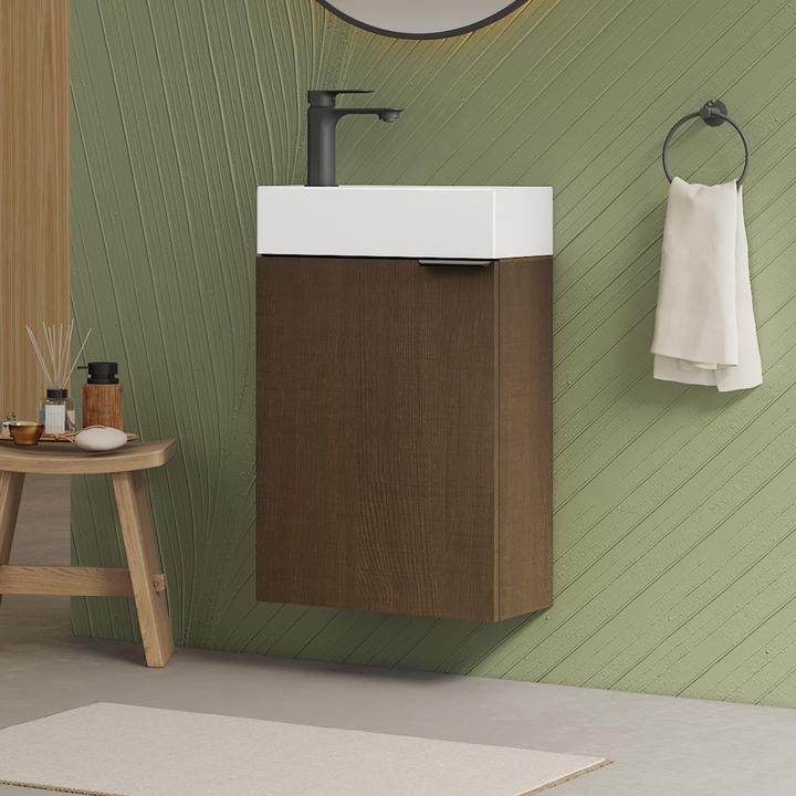Produktbild Emke Badunterschrank mit Aufsatzwaschbecken, Räuchereiche, Soft Close Tür, Einlegeböden, hängend