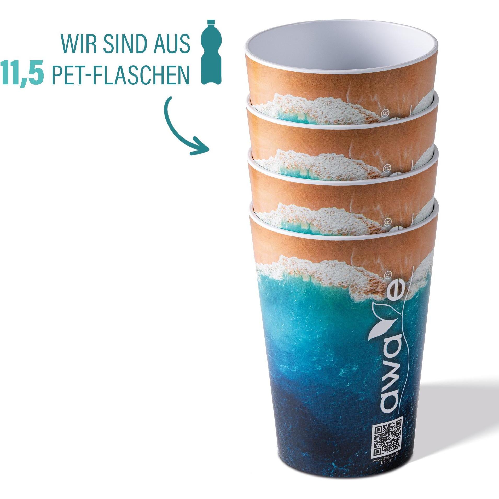 Thumbnail - Awave 4tlg. Festival Becher-Set, 300 ml, rPET, mit Eichstrich und Abstandshalter, Ozean Motiv, Trinkgläser, Blau